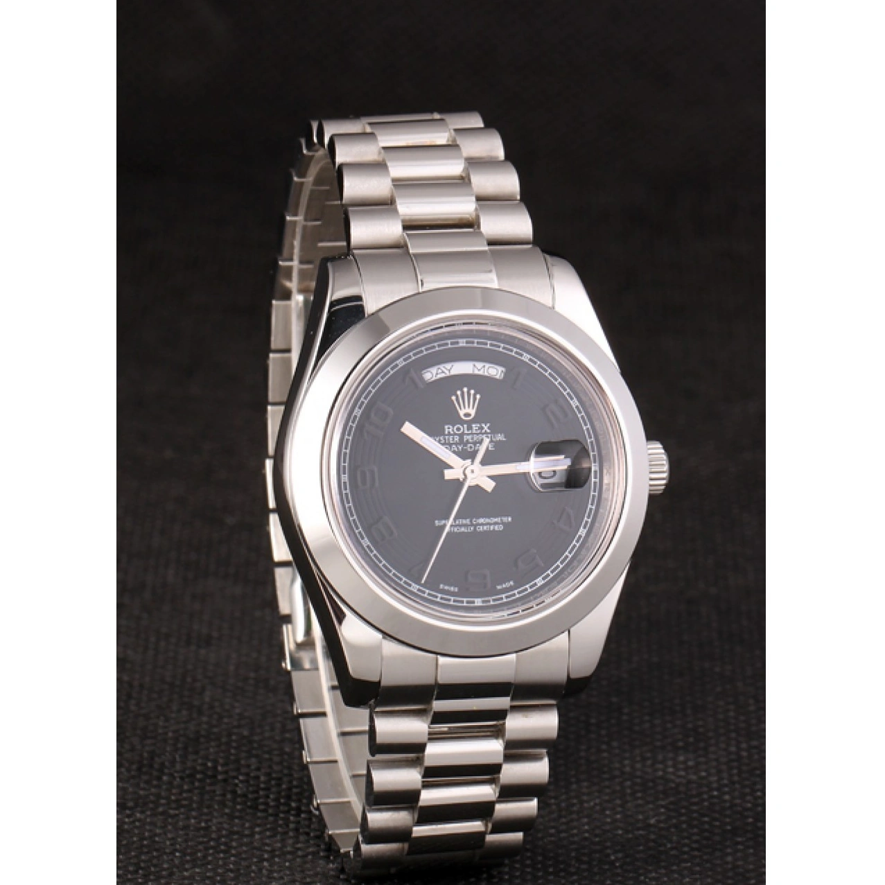 Good copy rolex watches Swiss Daydate Steel Dial Black 80294 Stainless Rolex Bracelet 1013